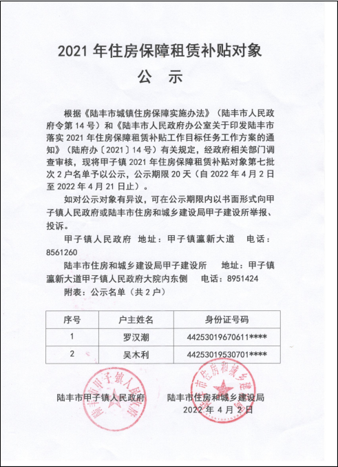 2021的住房保障租赁补贴对象公示甲子镇第七批.png