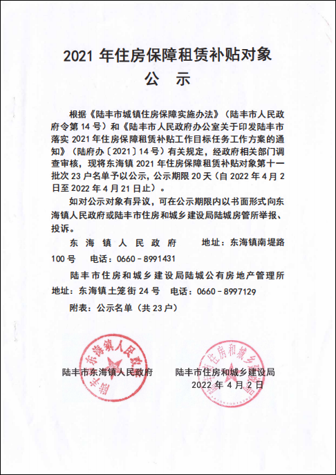 2021年住房保障租赁补贴对象公示东海镇第十一批.png