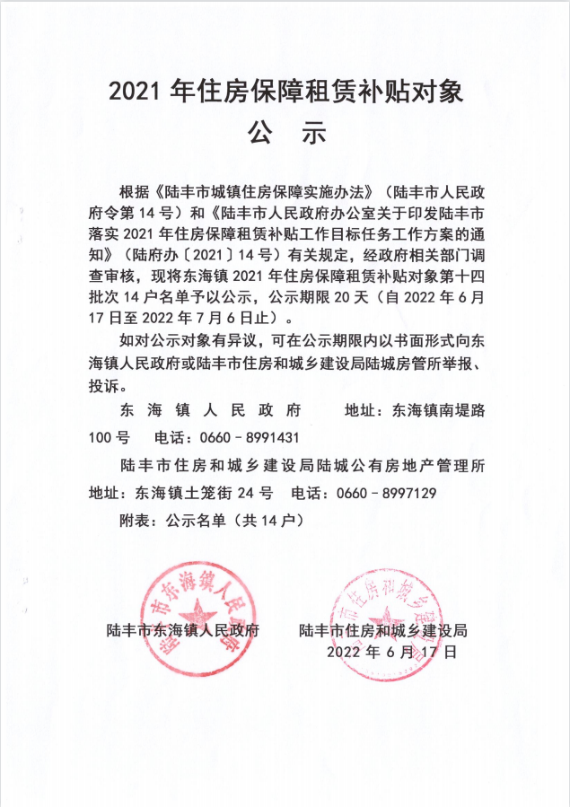 2021的住房保障租赁补贴对象公示（东海14户）.png