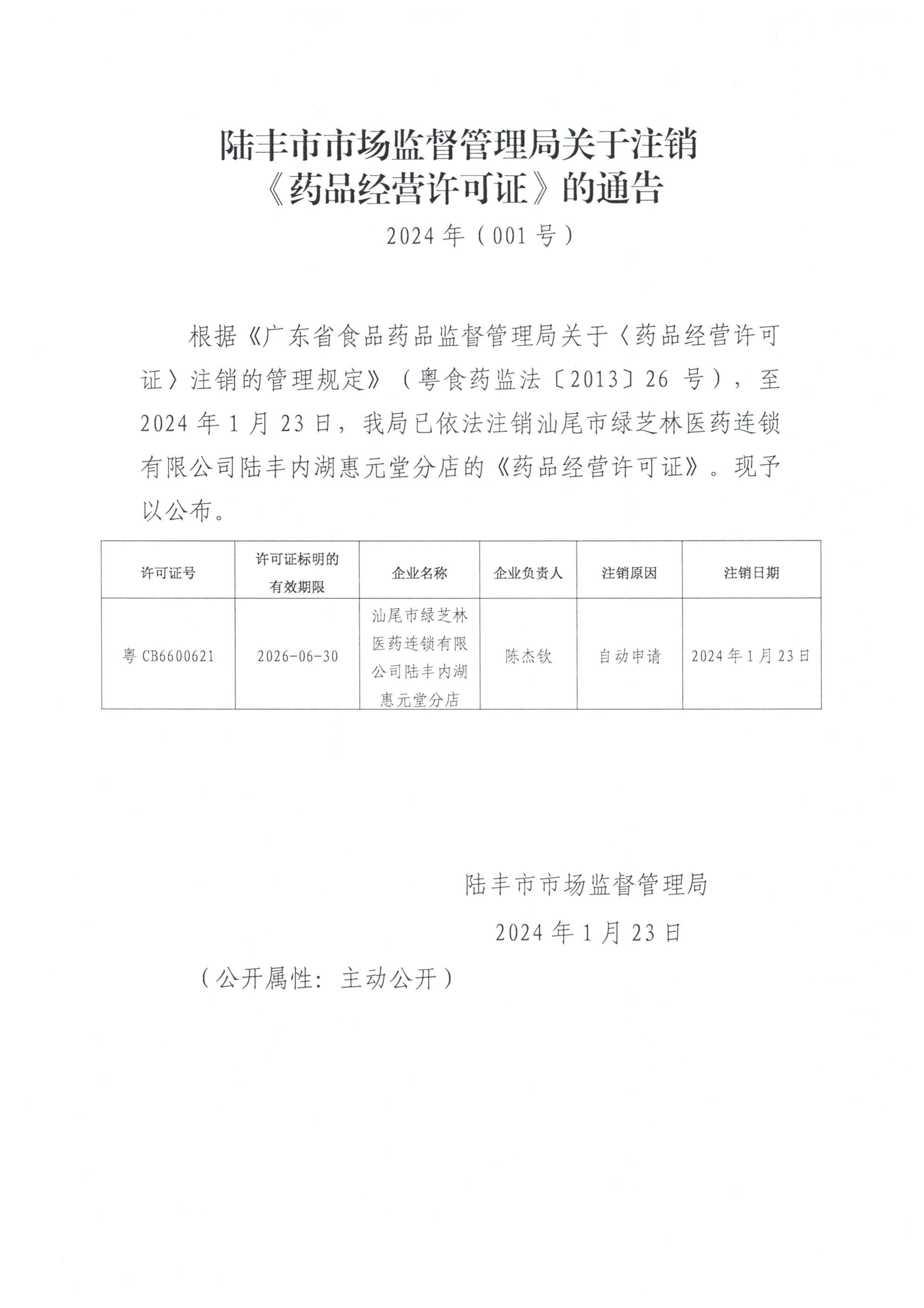 1.23 陆丰市市场监督管理局关于注销《药品经营许可证》的通告.jpg