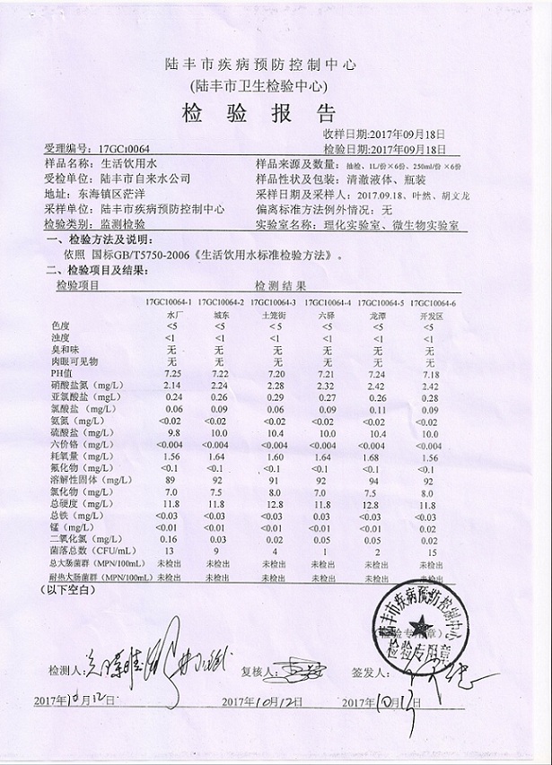 陆丰市疾病预防控制中心(2017年9月生活饮用
